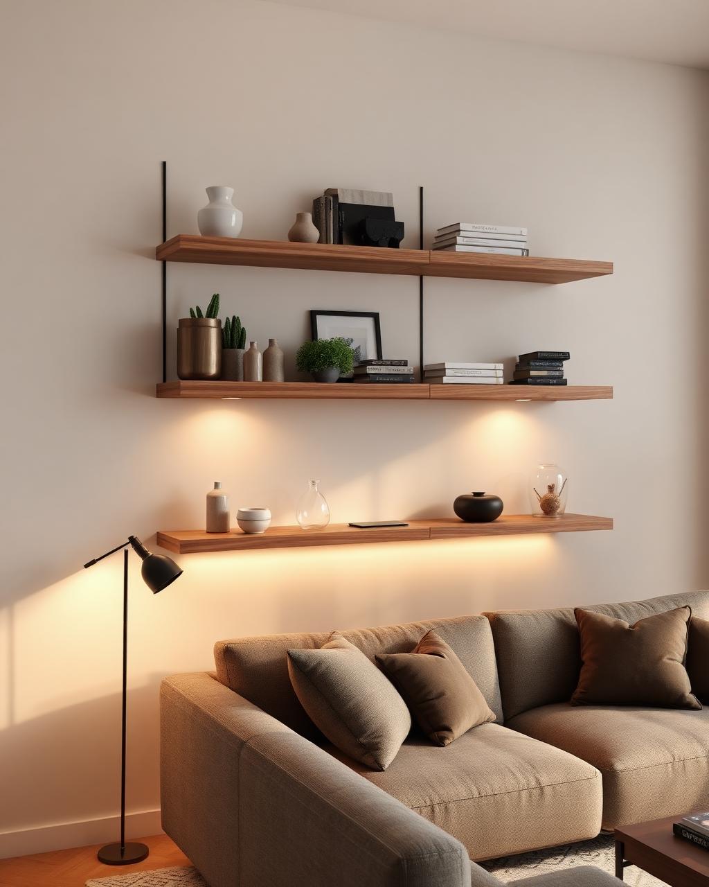Floating walnut shelves with built-in lighting